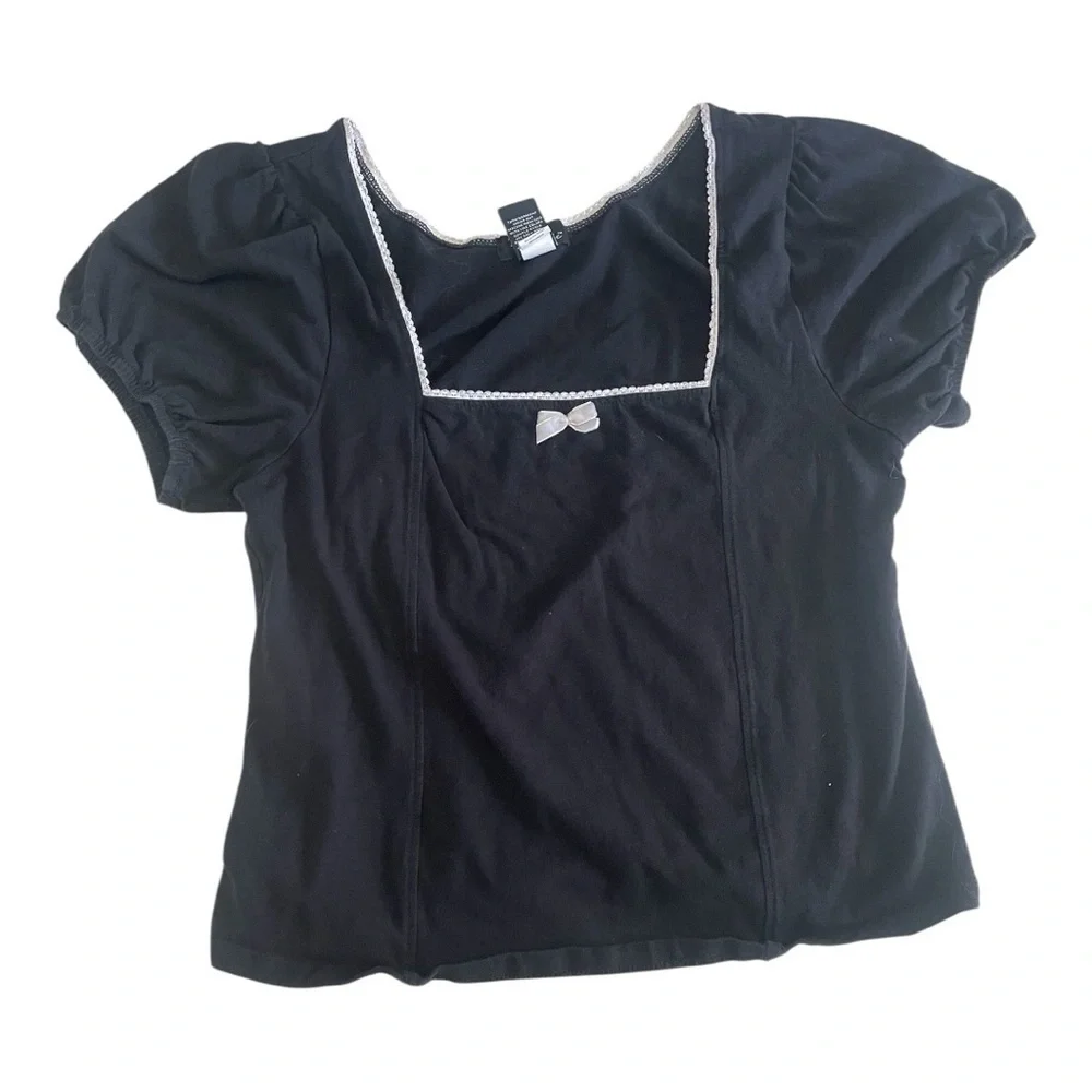 Thorne and Fable Puff Sleeve Crop Top Black White Bow Size Large Goth Witchy - Picture 2 of 7